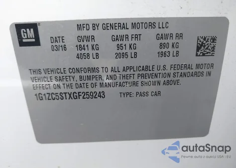 2016 Chevrolet Malibu 1Fl z USA, uszkodzony, nr VIN 1G1ZC5STXGF259243